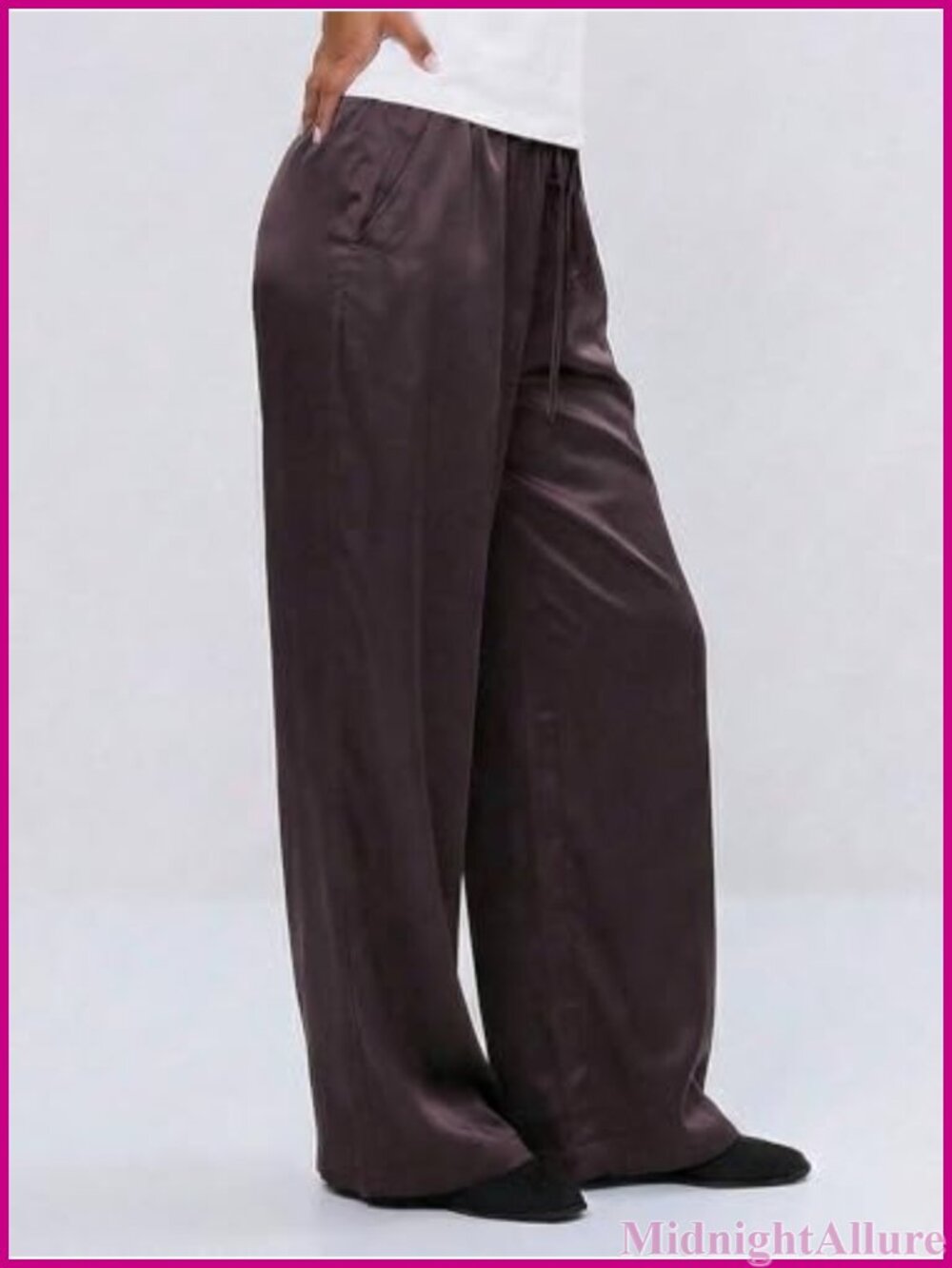 Silk Satin Wide Leg Pants Flowy Tie Front Elastic Waist - Picture 2 of 4